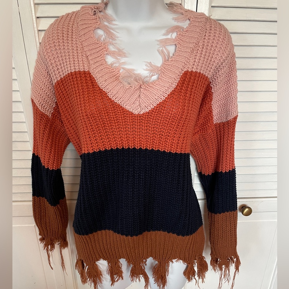 Clarisbelle Striped Distressed Multicolor Sweater Size Medium
